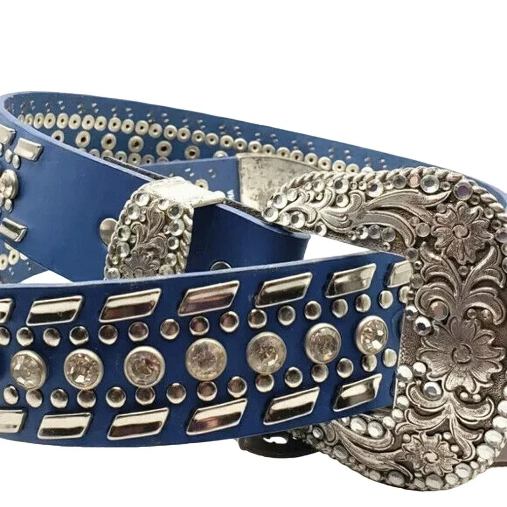 Nocona Blue Leather Belt 26 Crystal Studded Western Silver Floral Buckle Cowgirl